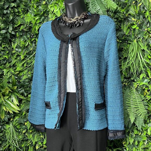 Y2K BANDOLINO Sweater Women Medium‎ Teal Blue Knit Cardigan Ribbon Lace 2076 - Picture 4 of 8